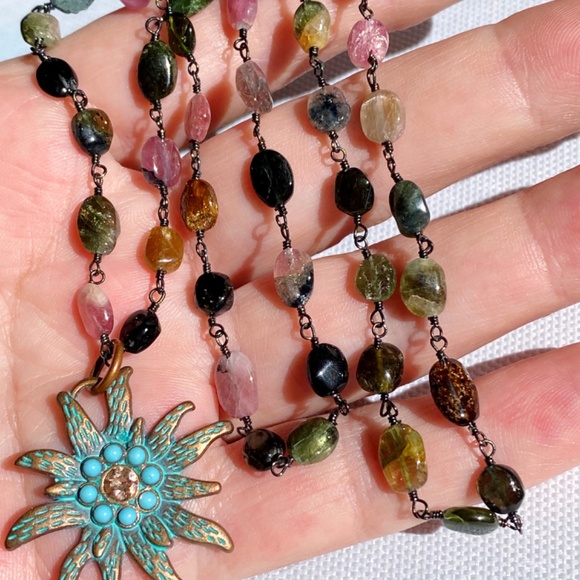 Genuine Multicolor Tourmaline Gemstone Turquoise Sun Necklace - Picture 3 of 8